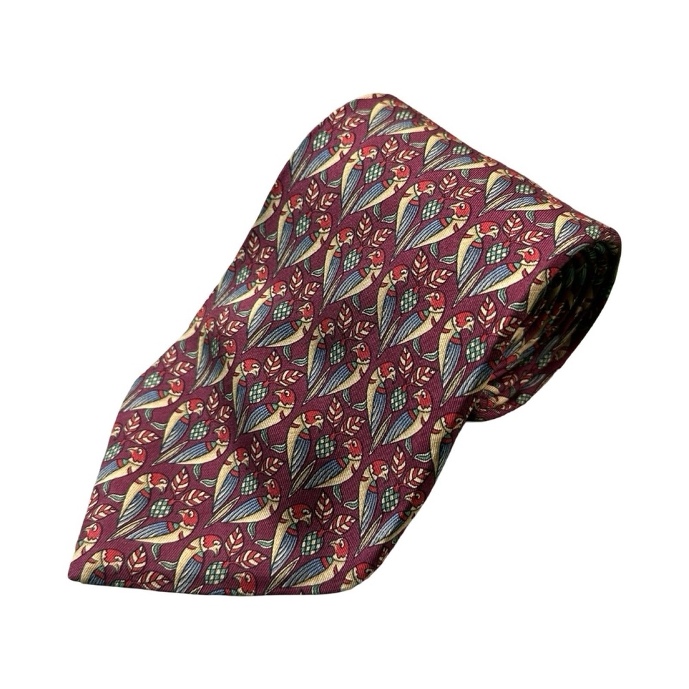 Salvatore Ferragamo Maroon Bird AOP Mens Pure Silk Tie 3.75 in